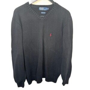 Polo Ralph Lauren Vintage Cotton Knit Black V-Neck Pullover Sweater Red Pony XL
